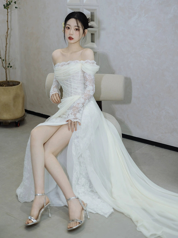 Off Shoulder Lace Long Wedding Dress Evening Party Dresses