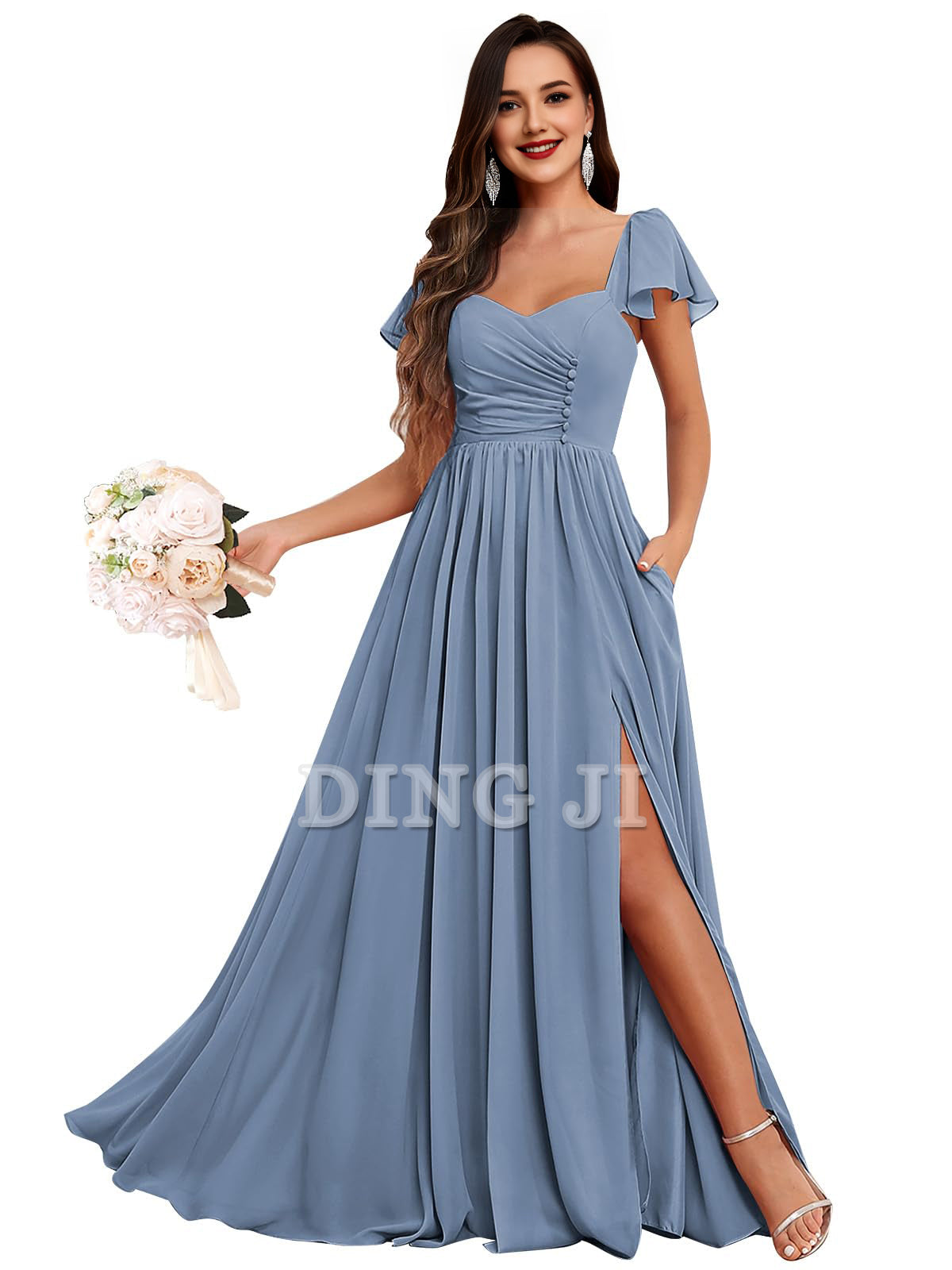 DingJiDress Prom Dress Short Sleeve Bridesmaid Dresses Side Fork Chiffon Ruched Long Evening Gown Formal Wear Dresses Wedding Guests Dresses