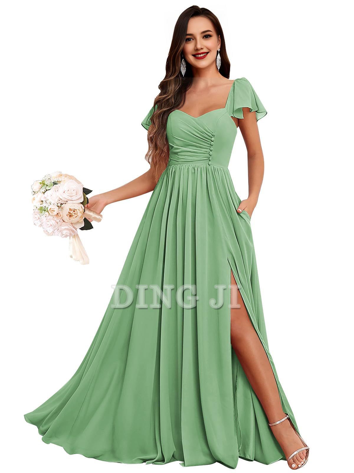 DingJiDress Prom Dress Short Sleeve Bridesmaid Dresses Side Fork Chiffon Ruched Long Evening Gown Formal Wear Dresses Wedding Guests Dresses