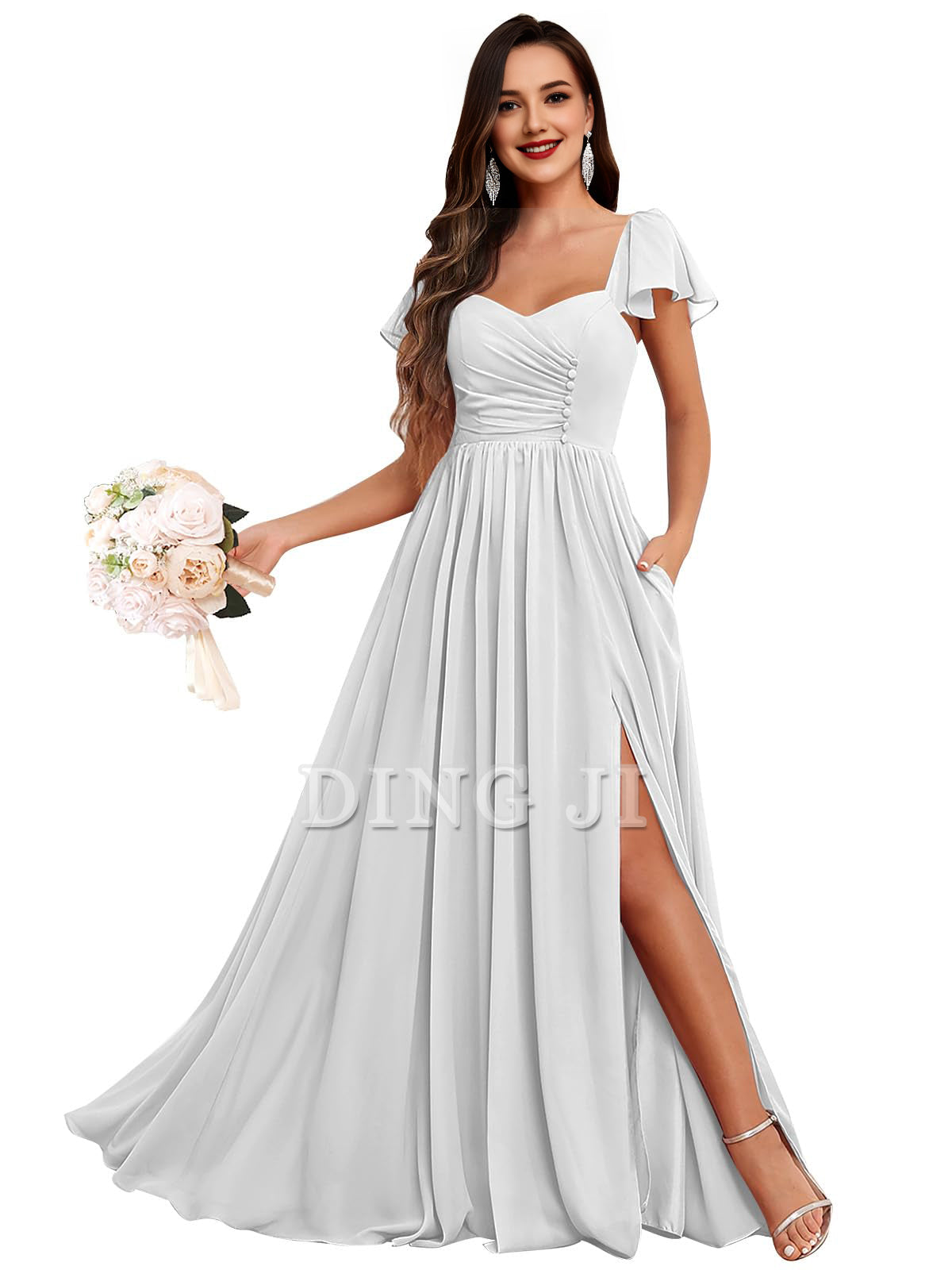 DingJiDress Prom Dress Short Sleeve Bridesmaid Dresses Side Fork Chiffon Ruched Long Evening Gown Formal Wear Dresses Wedding Guests Dresses