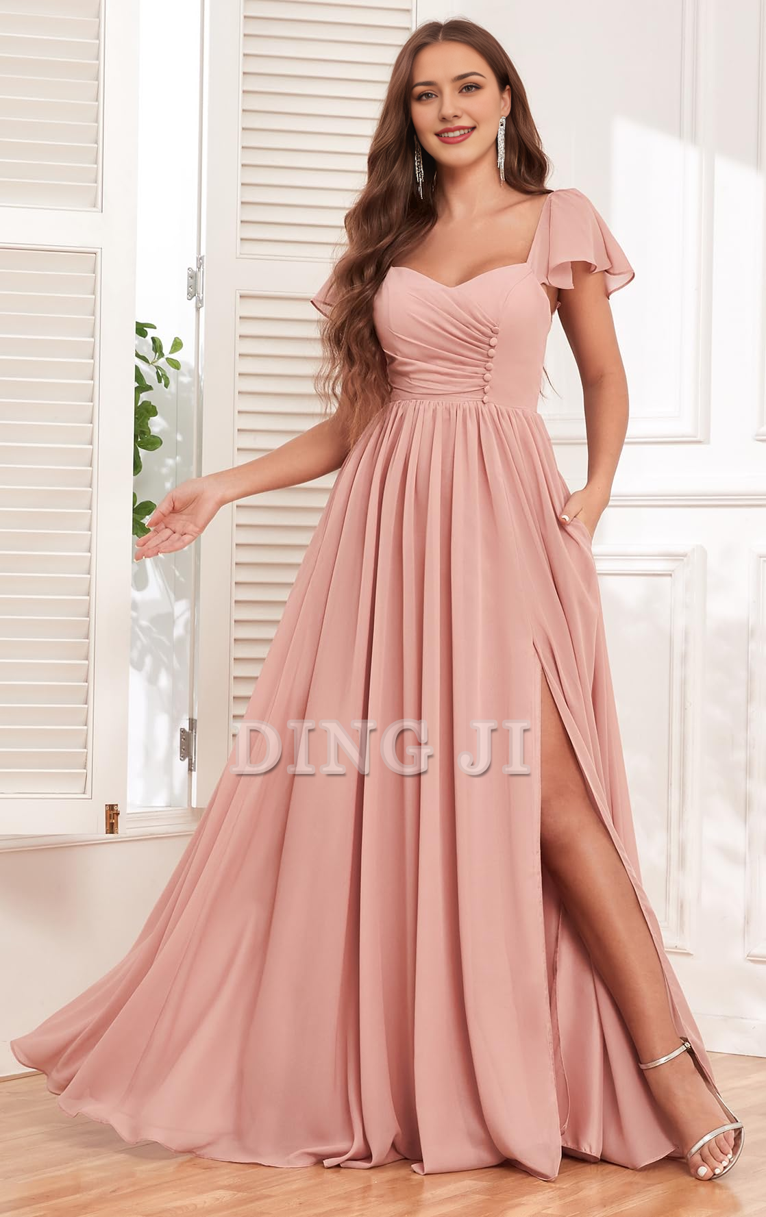 DingJiDress Prom Dress Short Sleeve Bridesmaid Dresses Side Fork Chiffon Ruched Long Evening Gown Formal Wear Dresses Wedding Guests Dresses