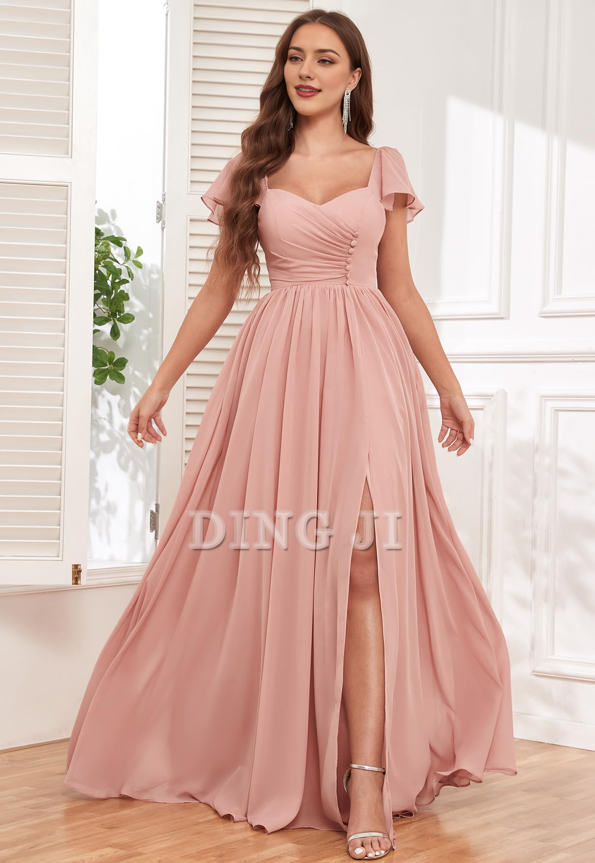 DingJiDress Prom Dress Short Sleeve Bridesmaid Dresses Side Fork Chiffon Ruched Long Evening Gown Formal Wear Dresses Wedding Guests Dresses