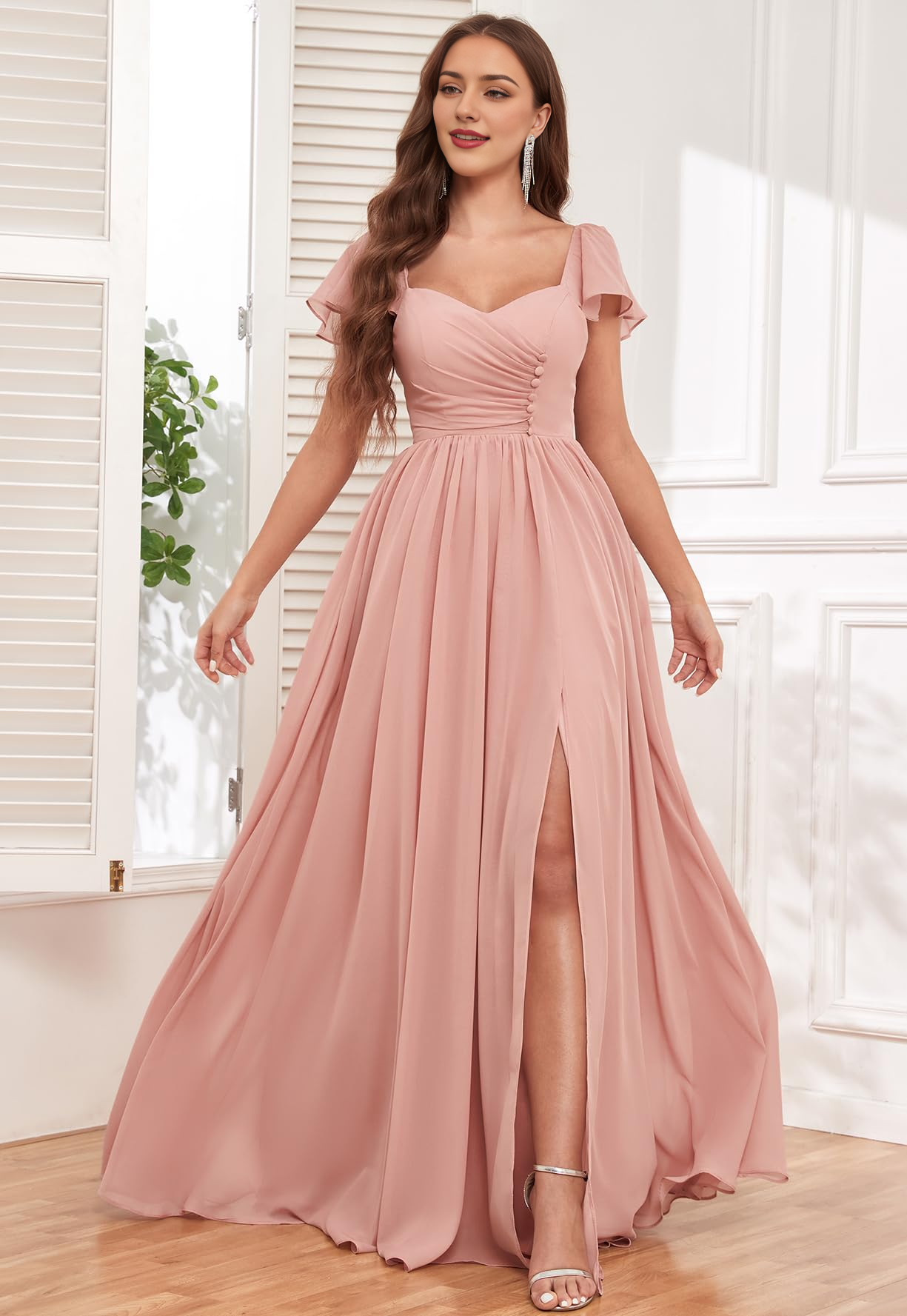 DingJiDress Prom Dress Short Sleeve Bridesmaid Dresses Side Fork Chiffon Ruched Long Evening Gown Formal Wear Dresses Wedding Guests Dresses