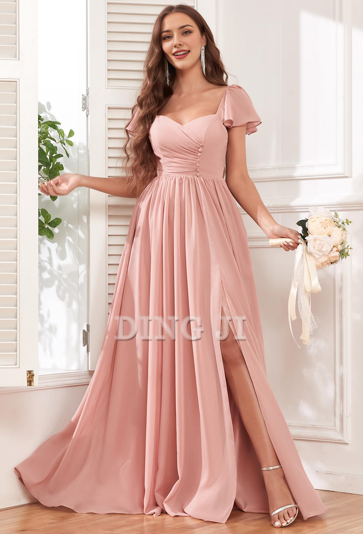DingJiDress Prom Dress Short Sleeve Bridesmaid Dresses Side Fork Chiffon Ruched Long Evening Gown Formal Wear Dresses Wedding Guests Dresses