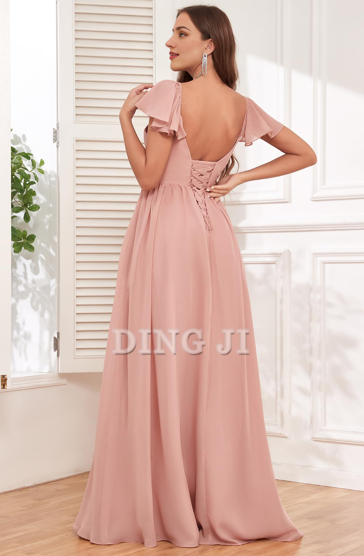 DingJiDress Prom Dress Short Sleeve Bridesmaid Dresses Side Fork Chiffon Ruched Long Evening Gown Formal Wear Dresses Wedding Guests Dresses