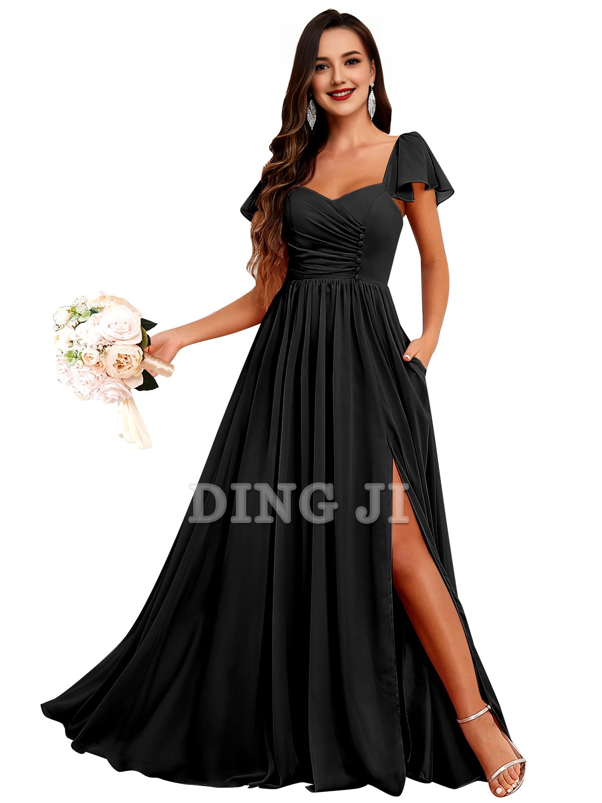 DingJiDress Prom Dress Short Sleeve Bridesmaid Dresses Side Fork Chiffon Ruched Long Evening Gown Formal Wear Dresses Wedding Guests Dresses