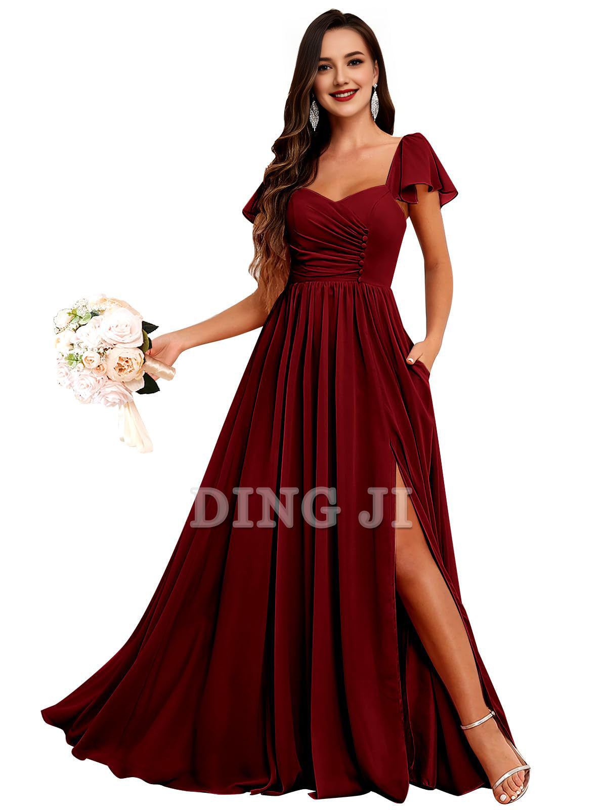 DingJiDress Prom Dress Short Sleeve Bridesmaid Dresses Side Fork Chiffon Ruched Long Evening Gown Formal Wear Dresses Wedding Guests Dresses