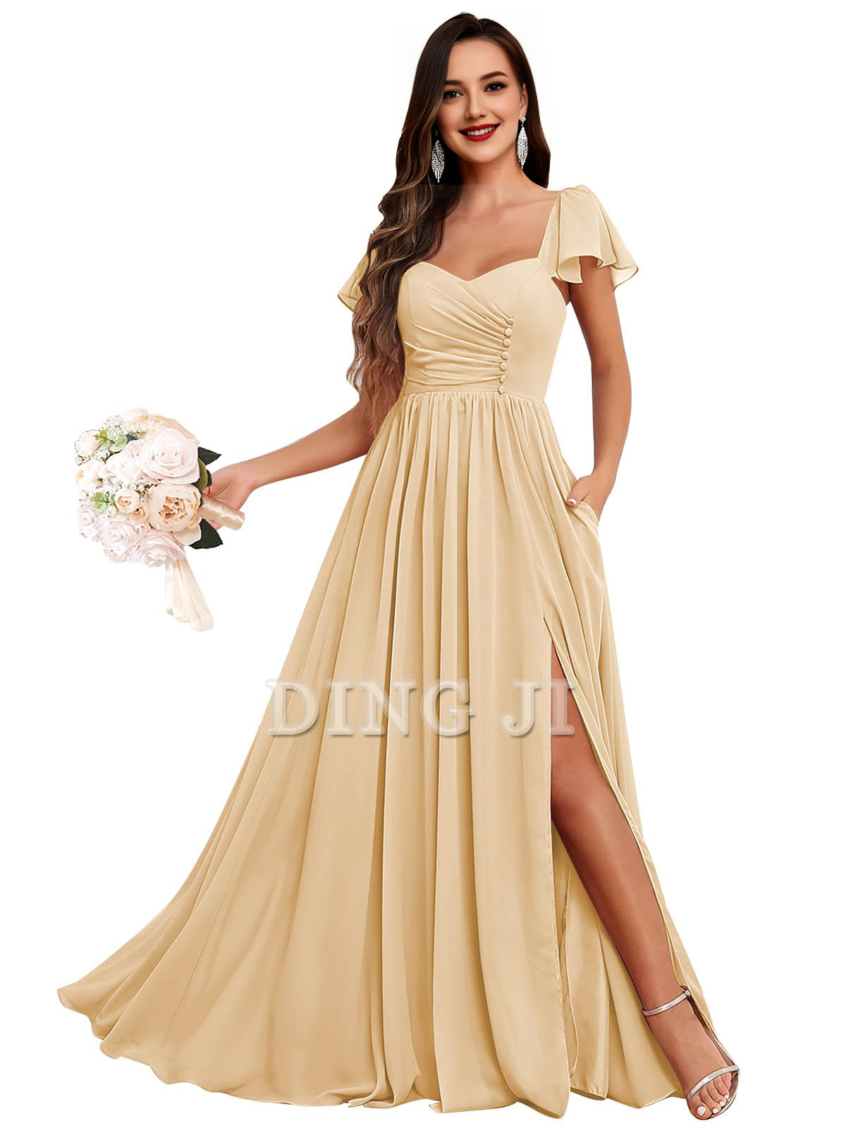 DingJiDress Prom Dress Short Sleeve Bridesmaid Dresses Side Fork Chiffon Ruched Long Evening Gown Formal Wear Dresses Wedding Guests Dresses