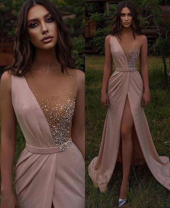 Simple and fashionable pink long sexy split waist ball dress