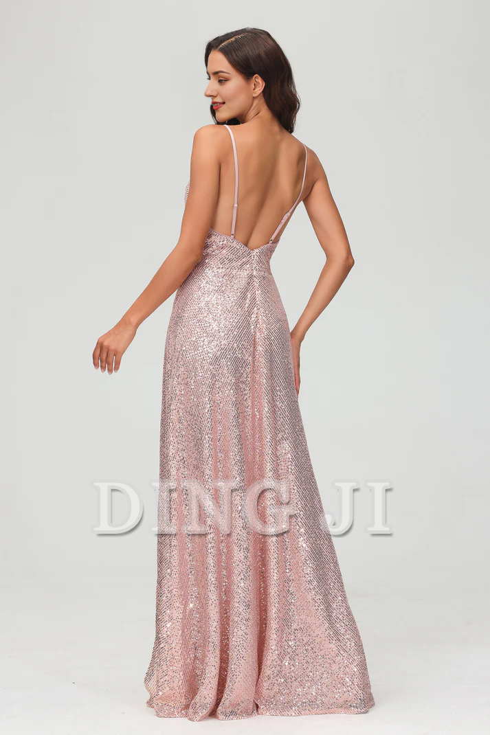 DingJiDress Evening Dress Sweetheart Spaghetti Straps Sequins Sheath Backless Long Dress Side Fork Floor-Length Charming Wedding Guest Dresses