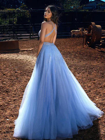 BLUE HALTER BEADINGS LONG PROM DRESS TULLE EVENING PARTY GOWNS