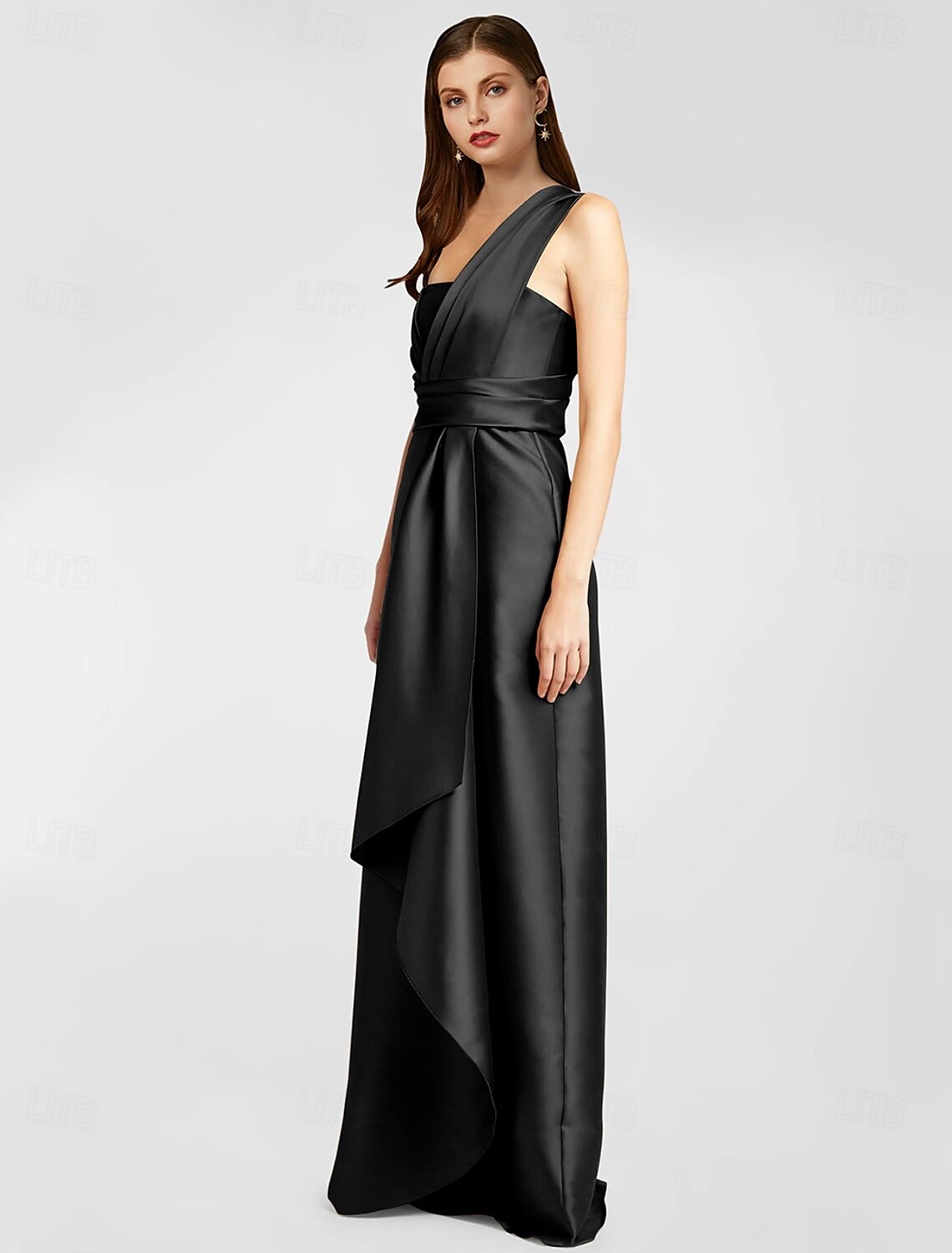 A-Line Evening Gown Elegant Dress Formal Floor Length Sleeveless One Shoulder Pocket Satin with Ruffles
