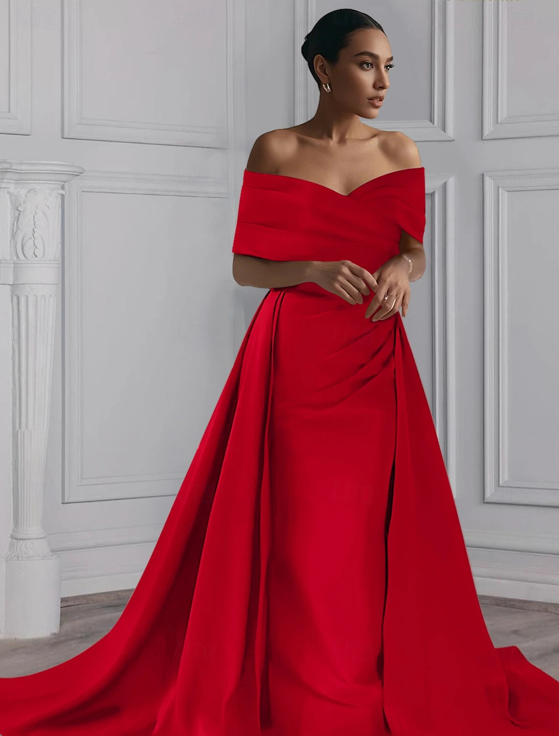 Evening Dress With Detachable Skirt Off Shoulder Elegant Pleats Drapped Formal Wedding Guest Elegant Party Floor Length Off Shoulder Sleeve Satin Solid Colour