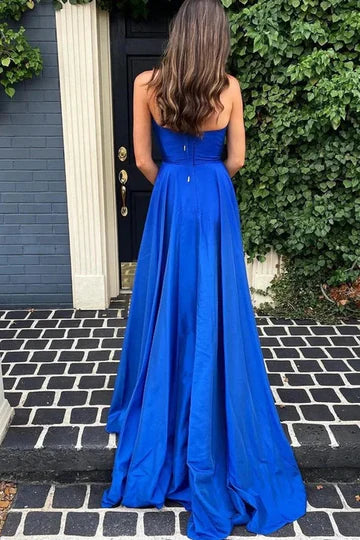 Deep V-Neck Satin High Slit Pleated Sleeveless Formal Prom Dress