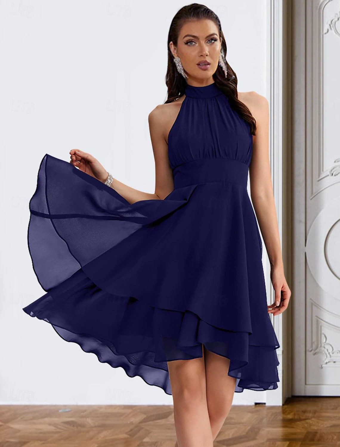 A-Line Cocktail Dresses Party Dress Wedding Guest Engagement Knee Length Sleeveless Halter Neck Chiffon V Back with Sleek Tiered dress to impress