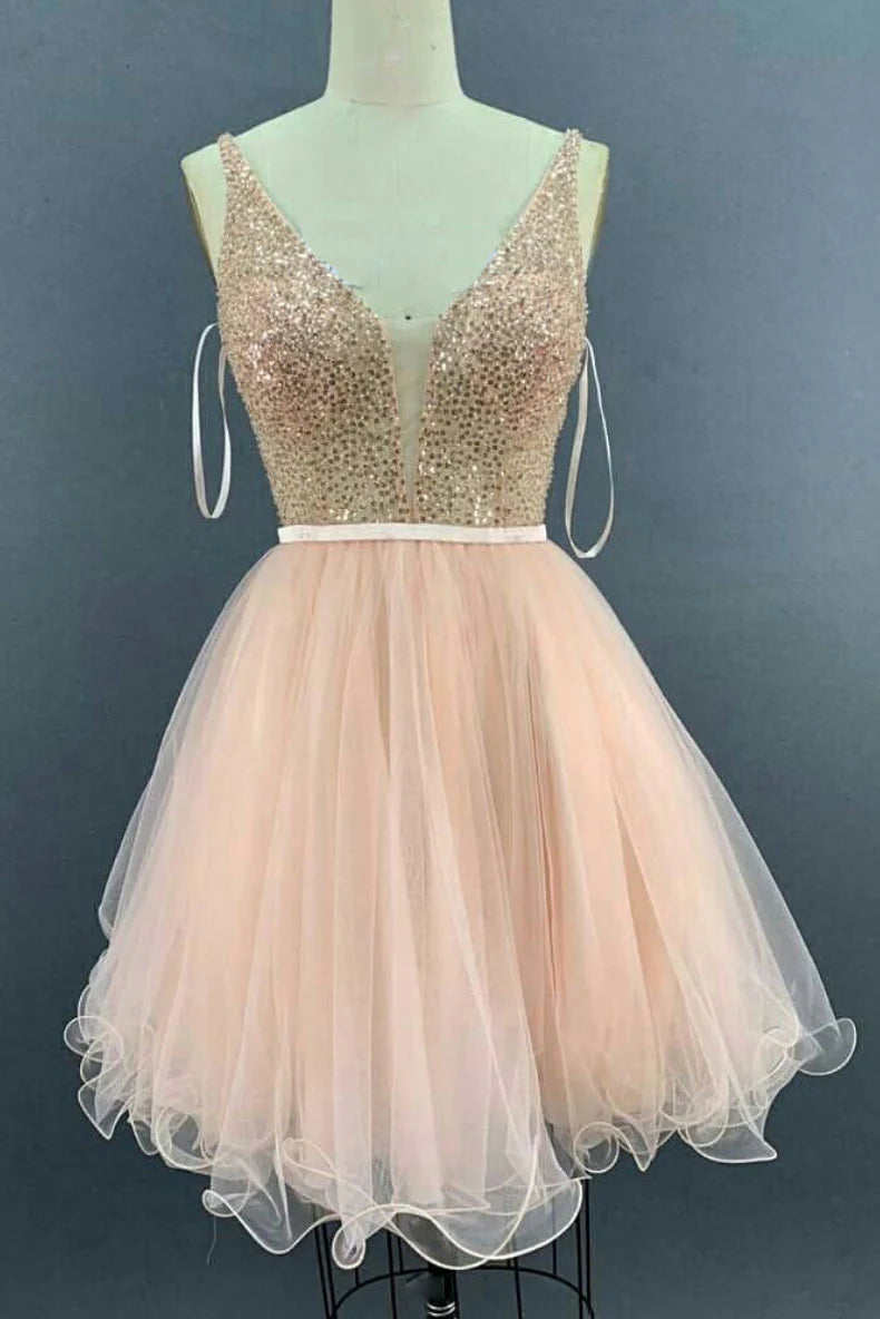 Pink v neck tulle sequin short prom dress pink tulle homecoming dress