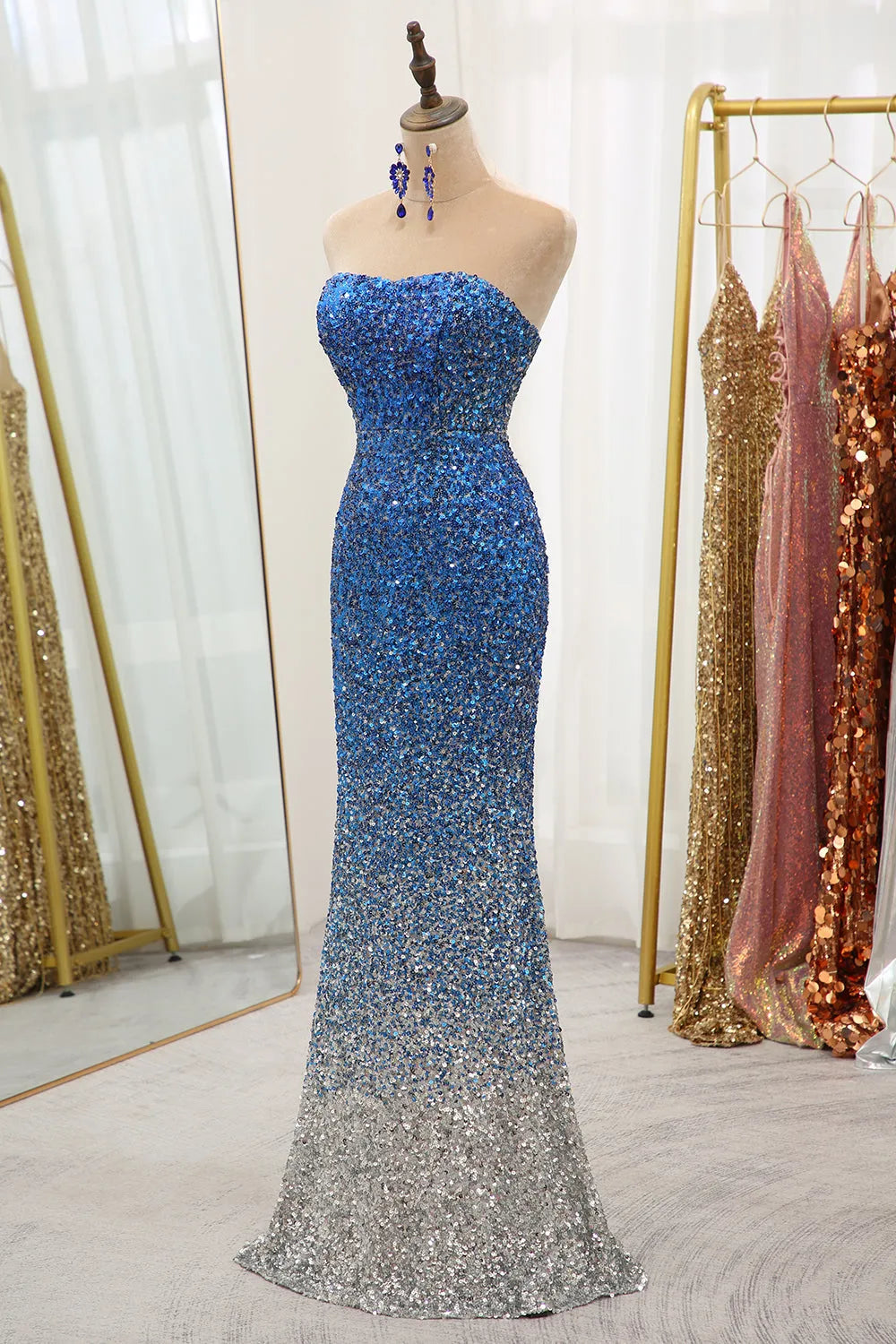 Blue sequin long mermaid strapless ball party dress