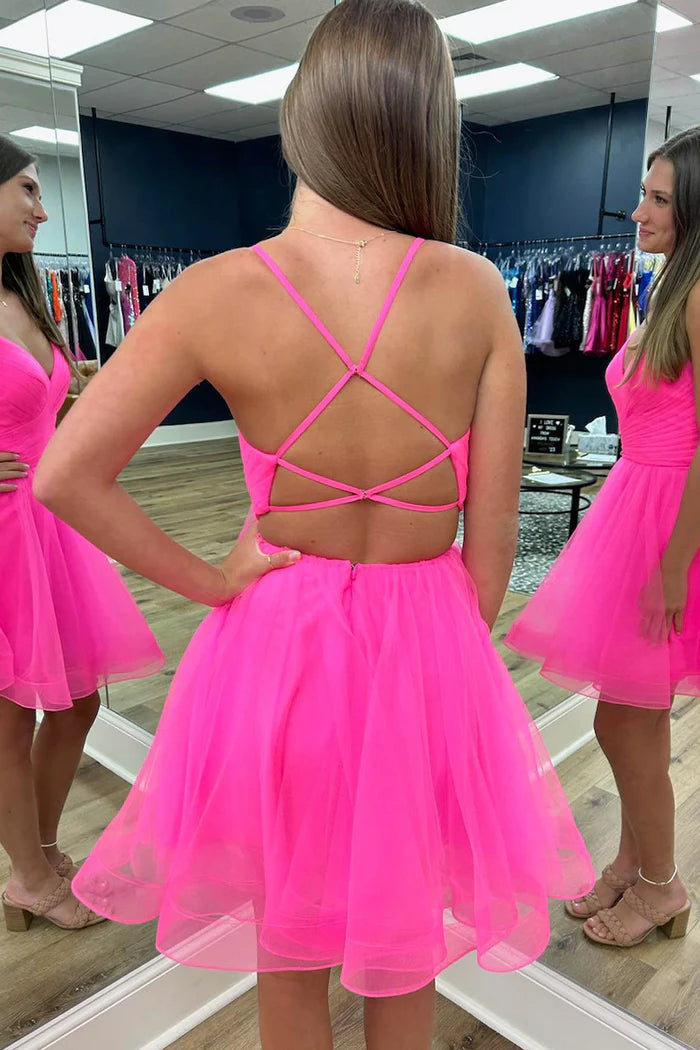 Straps Hot Pink Tulle Pleated A-line Party Dress Deep V Neck Tulle Homecoming Dress ﻿