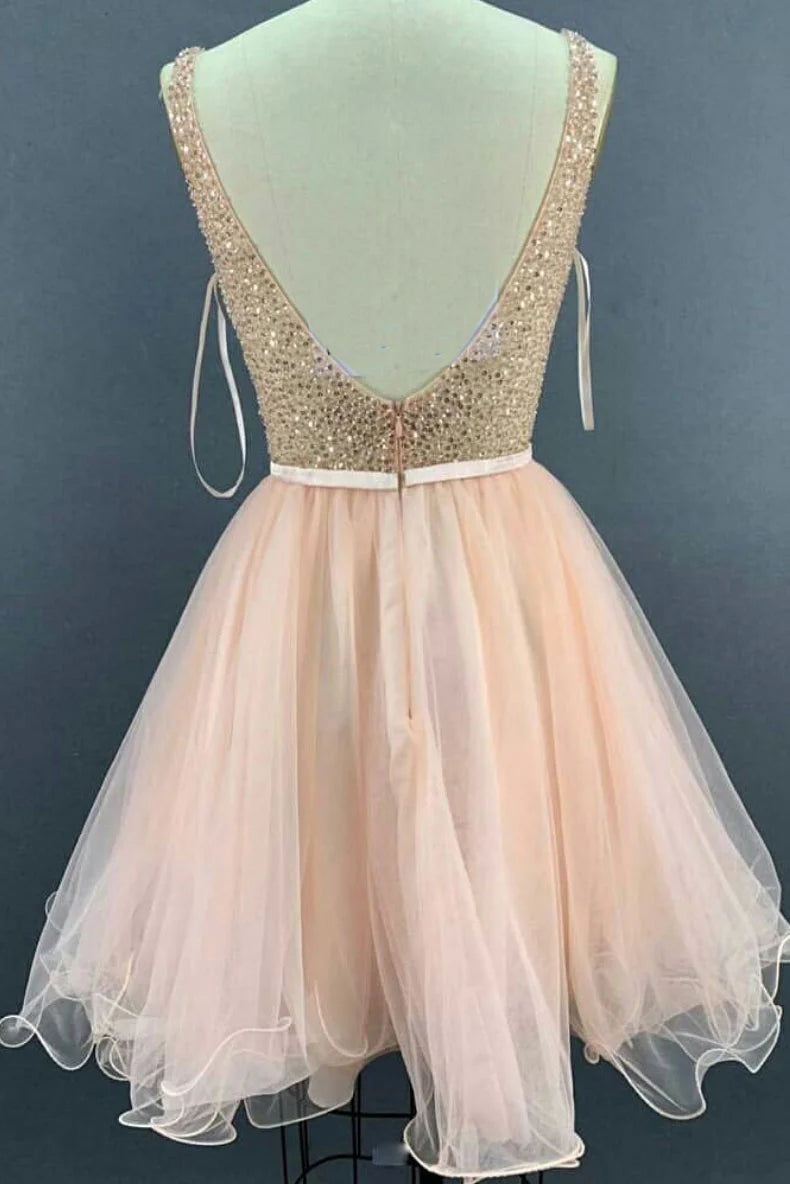 Pink v neck tulle sequin short prom dress pink tulle homecoming dress