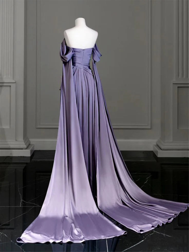 Elegant satin backless pleated tight trailing ball gown