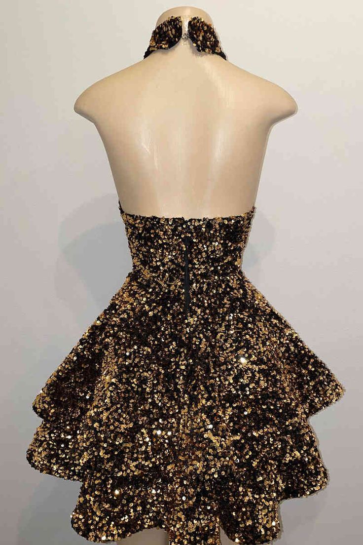 Glitter Halter Gold Sequins A-Line Short Party Dress Homecoming Dresses