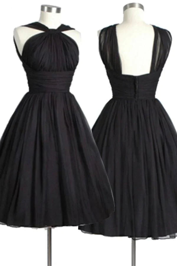 Vintage Knee-Length Sleeveless Open Back Black Homecoming Dress Ruched
