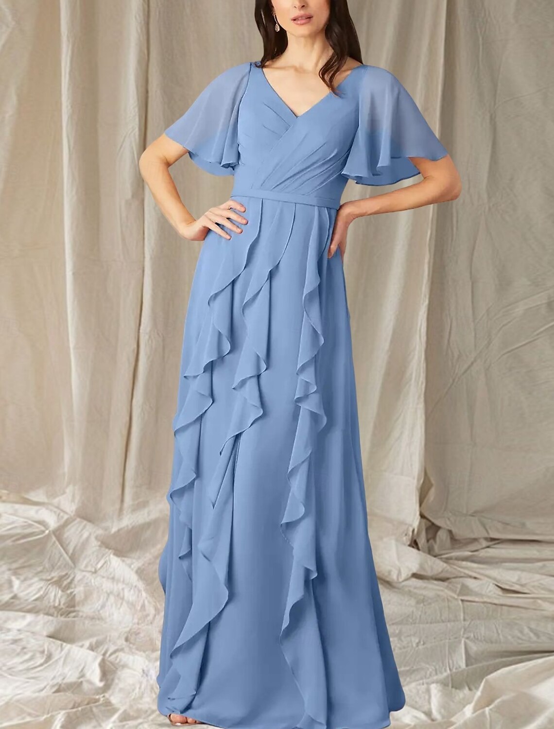 A-Line Mother of the Bride Dress Wedding Guest Elegant Sweet V Neck Floor Length Chiffon Short Sleeve Long Sleeve with Cascading Ruffles Ruching