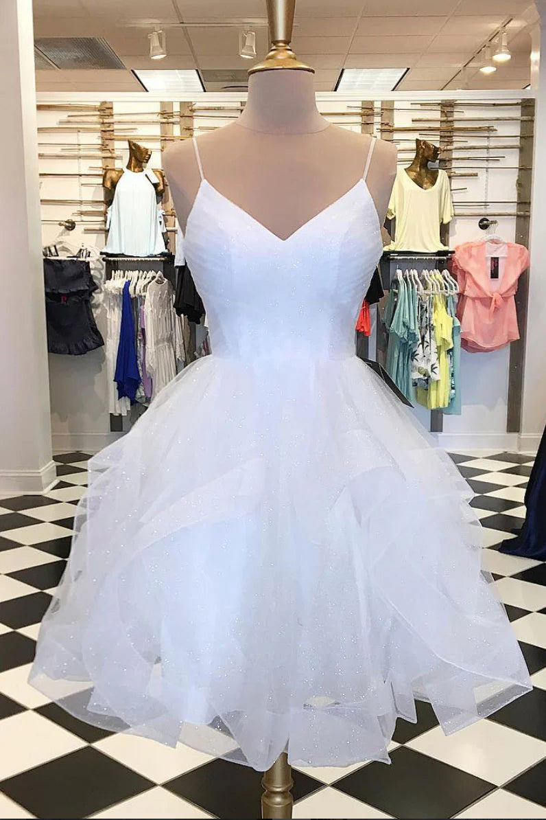 White v neck tulle short prom dress white homecoming dress