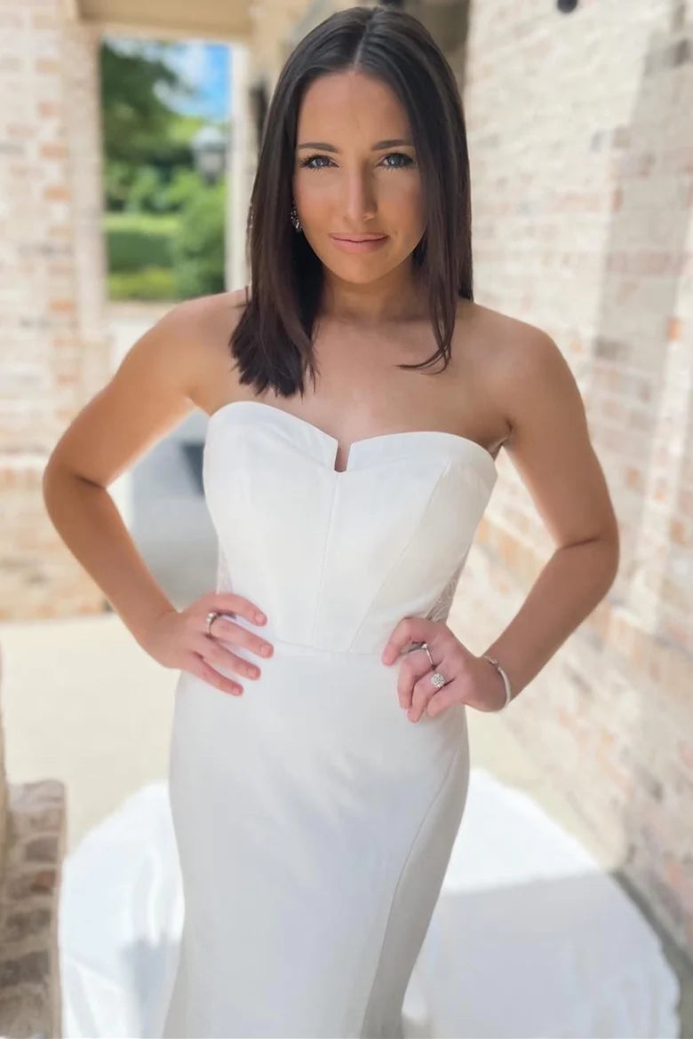White Strapless Open Back Mermaid Long Wedding Gown
