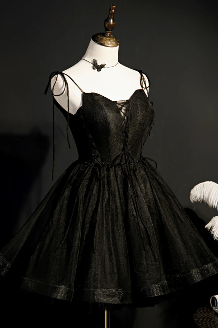 Black V-Neck Tulle Short Prom Dress Black A-Line Homecoming Party Dress ?