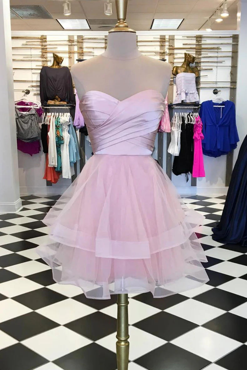 Pink cute tulle short prom dress pink homecoming dress