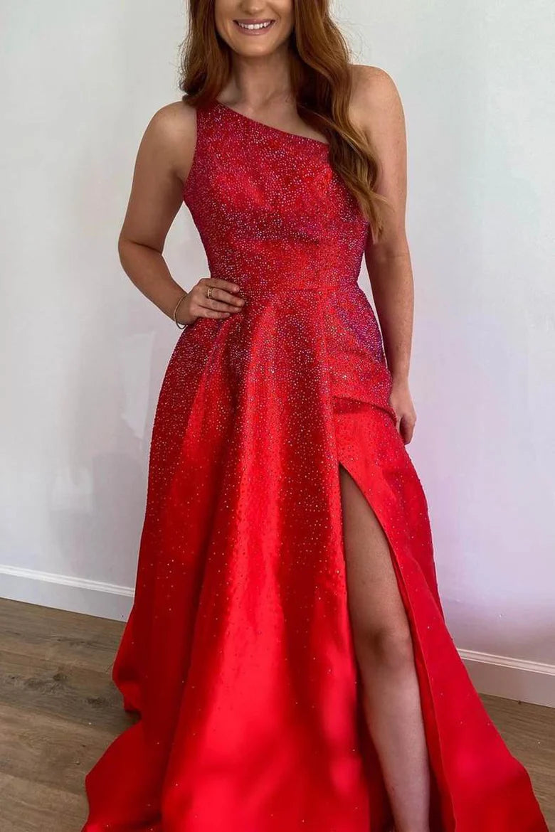 A-Line One Shoulder Red Beaded Long Formal Prom Dress with Slit