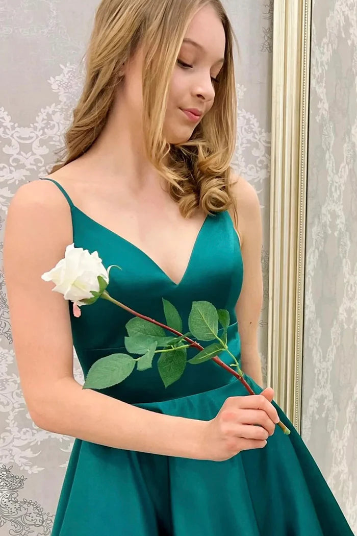 Cute Satin Short Prom Dress Green V-Neck Party Dress, Green Homecoming Dress