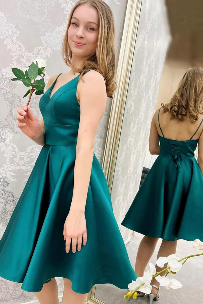 Cute Satin Short Prom Dress Green V-Neck Party Dress, Green Homecoming Dress
