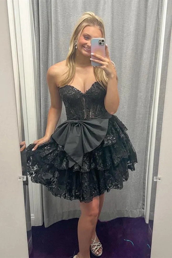 DingJiDress Strapless Red Sequin Ruffle Homecoming Dress with Bow Graduation Dresses