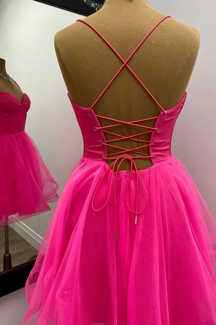 Hot pink tight corset A-line short princess dress, back to school party dress