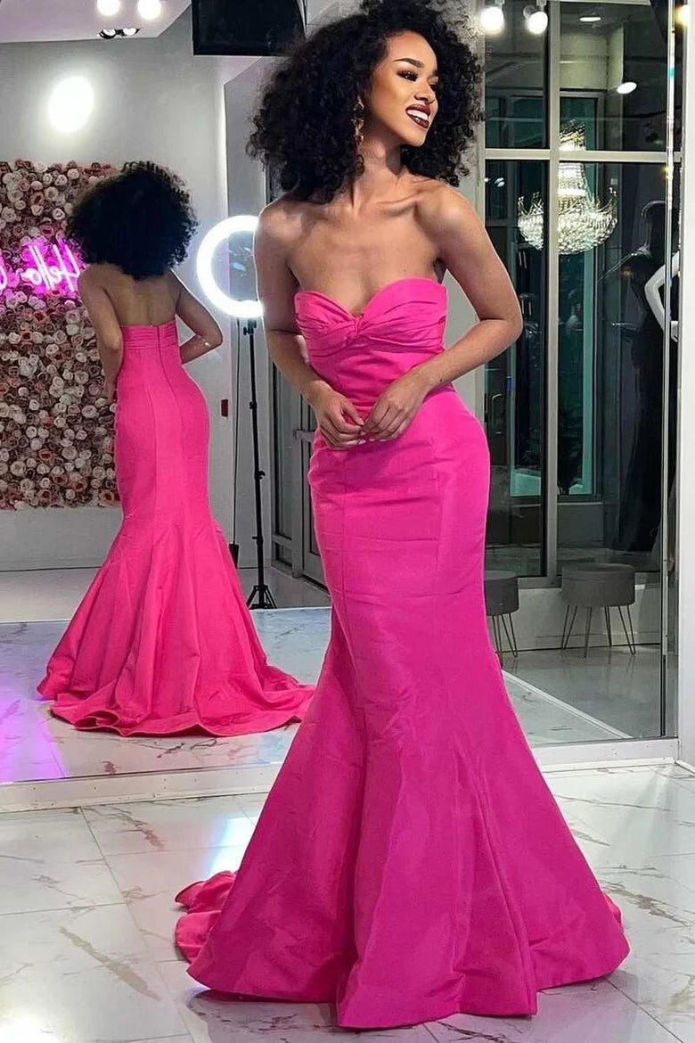 Neon Pink Strapless Cross Front Trumpet Long Prom Dress