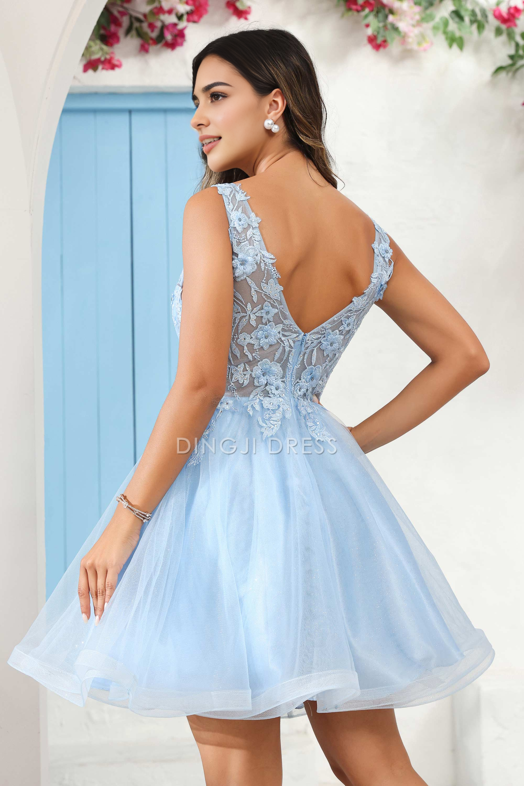 DingJiDress Hot Sale Homecoming Dress Elegant A Line Deep V Neck Sleeveless 3D Floral Applique Beaded Fashion Mini Dress