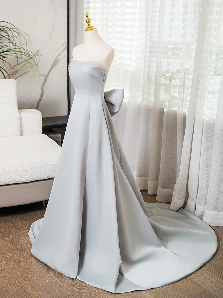 A-Line Sweetheart Neck Satin Gray Long Prom Dress Gray Long Formal Dress