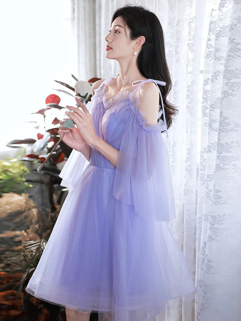 A-Line V Neck Tulle Purple Short Prom Dress Purple Homecoming Dress