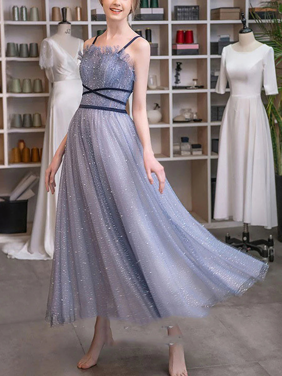 Unique tulle beads tea length prom dress tulle evening dress