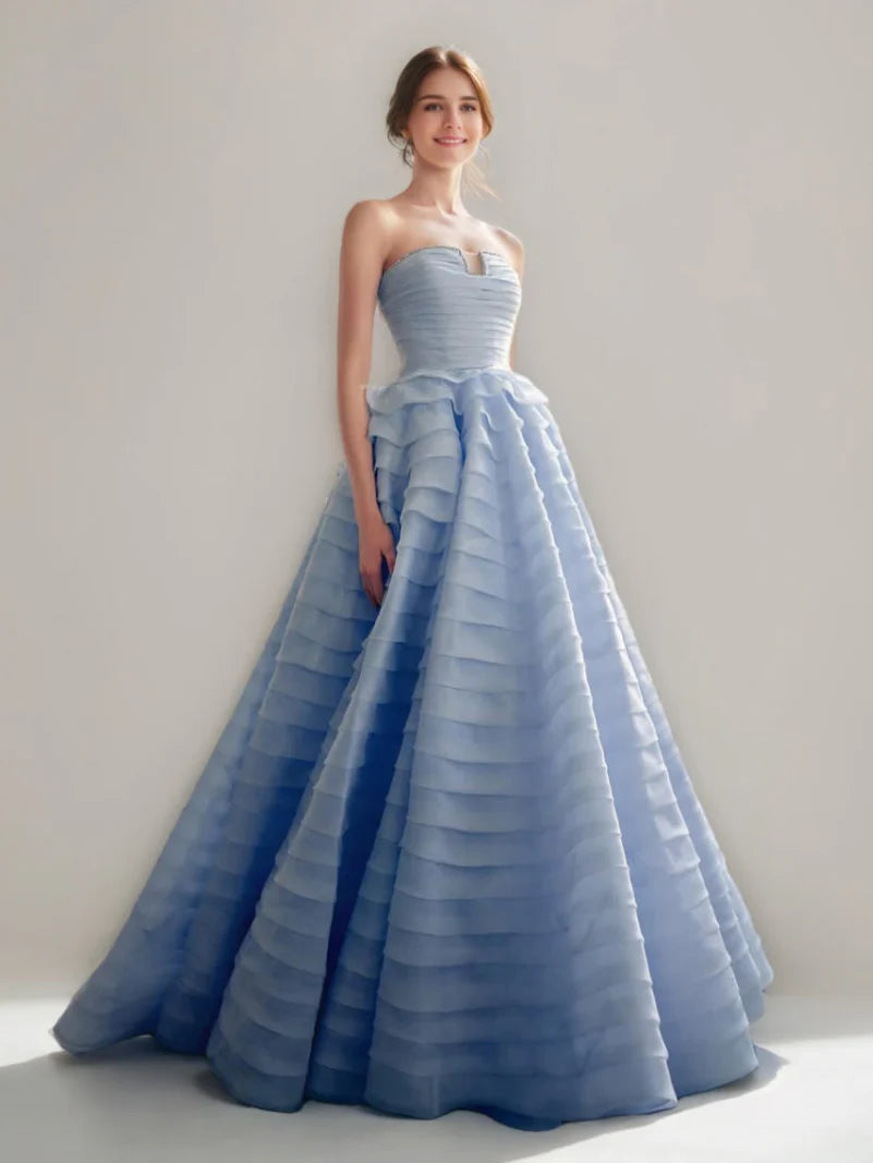 Blue long elegant strapless sleeveless floor length layered evening gown