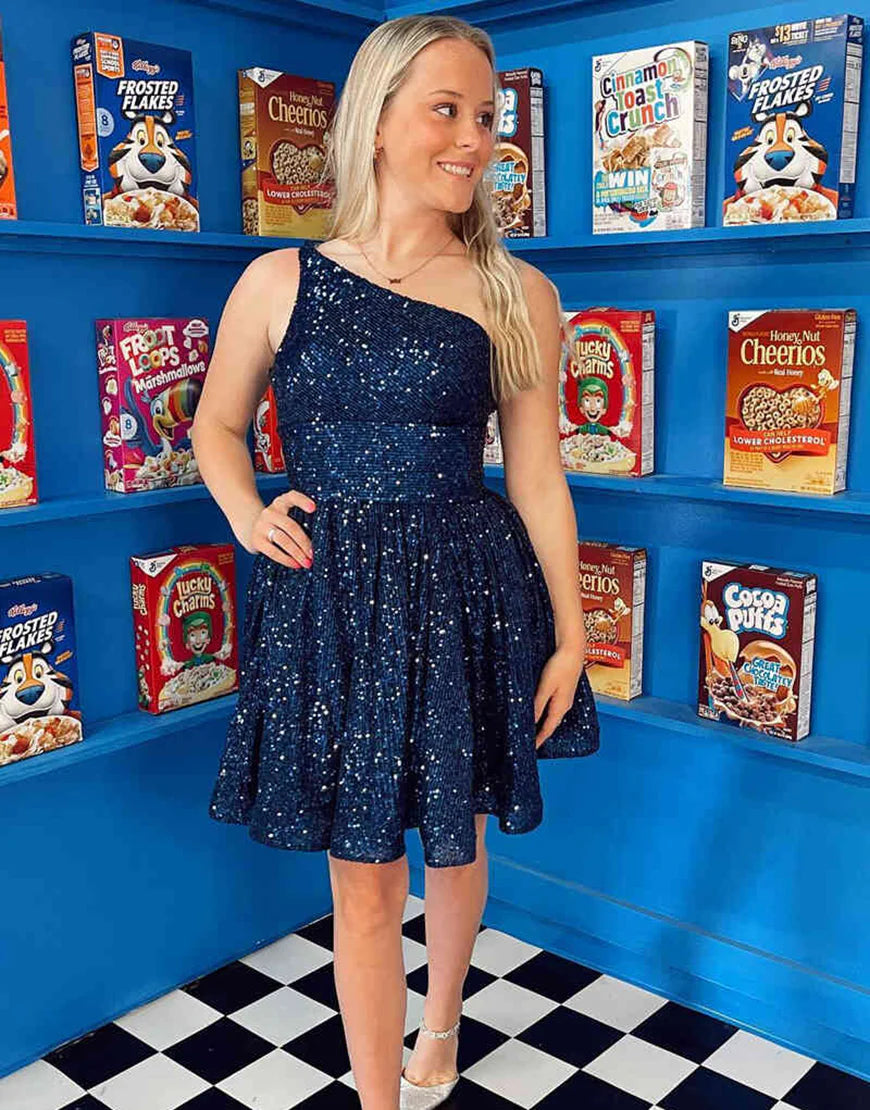 One Shoulder Pink A Line Homecoming Dress with Sequins