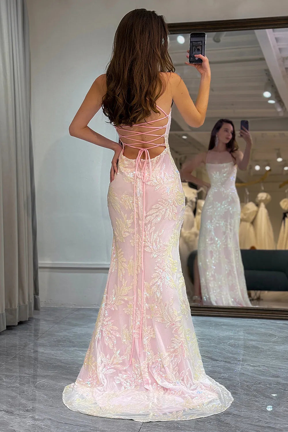 Pink sweet long suspender slit mermaid dance dress