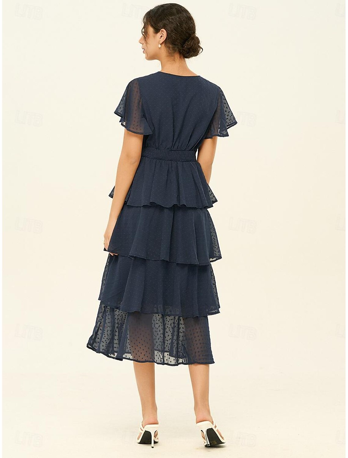 Women's Elegant Dress Party Dress Ruffle V Neck short Sleeve Midi Dress Vacation Navy Blue Spring