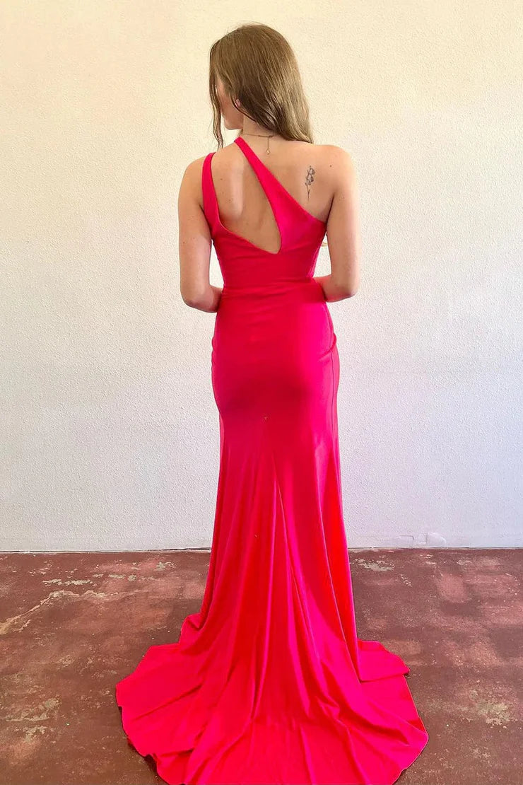 Mermaid One Shoulder Red Elastic Satin Long Ball Dress with Split