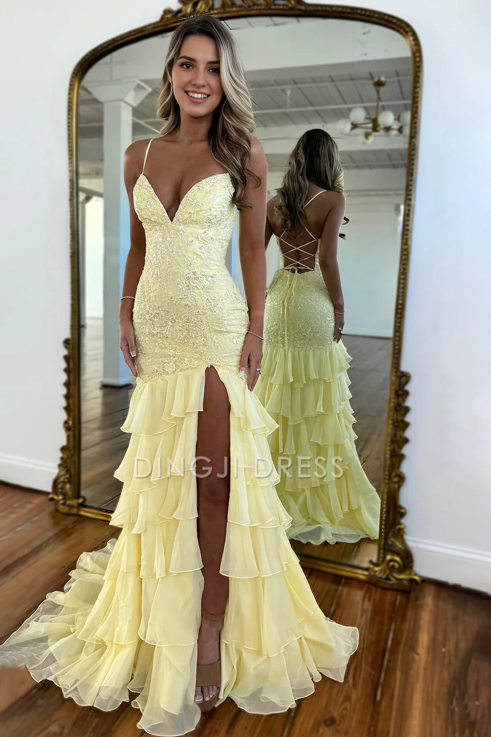 DingJiDress Stunning Mermaid Spaghetti Straps Lace Backless with Ruffle Side Fork Fashion Prom Dress