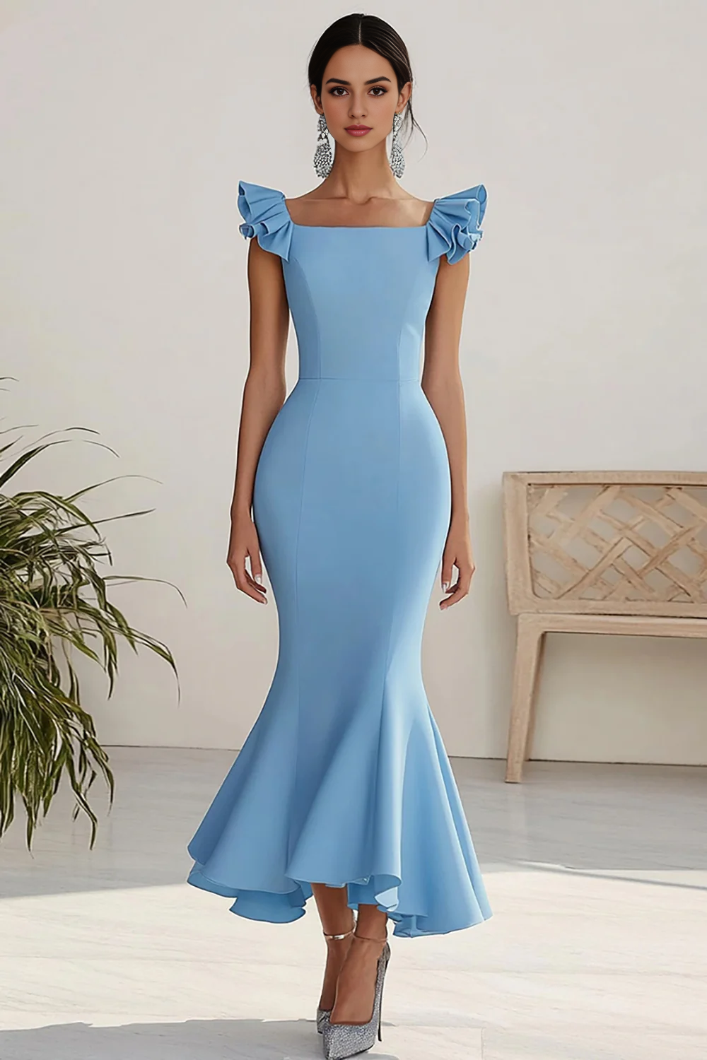 DingJiDress High Quality Dress Square Neck Mermaid Flying Sleeves Satin Formal Dress With Ruffles Elegant Long Prom Dress