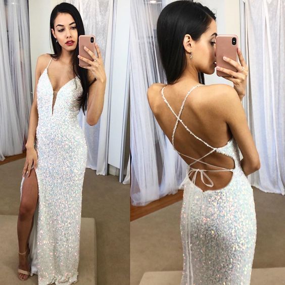 New sequin long slit lace up mermaid evening gown