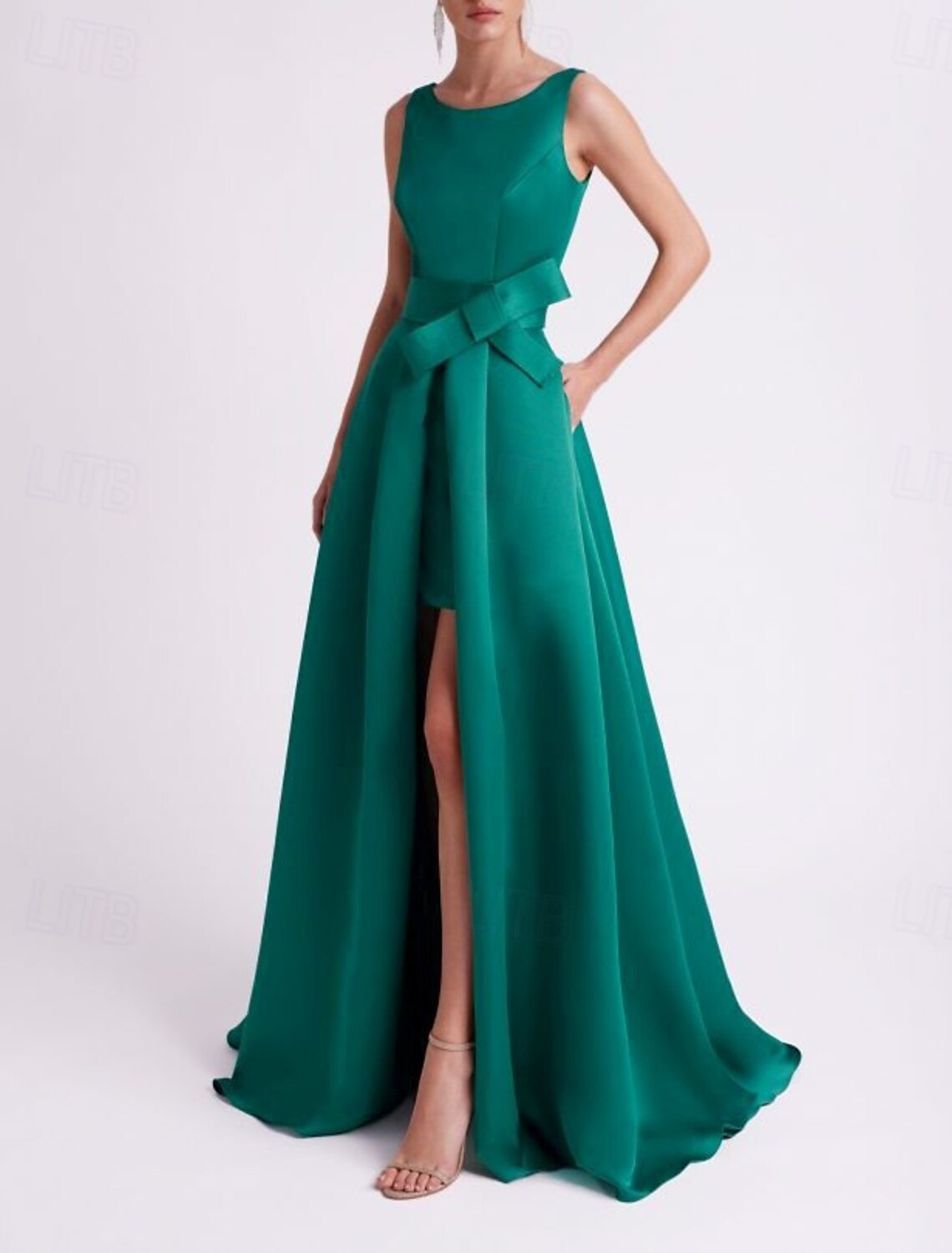 A-Line Evening Gown High Split Dress Formal Wedding Guest Floor Length Sleeveless V Neck Belt / Sash Satin with Slit